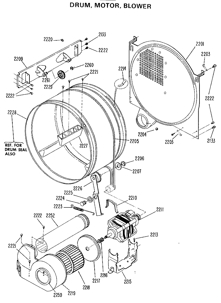 DRUM, MOTOR, BLOWER Diagram and Parts List for DDP1275CAW  General Electric Dryer
