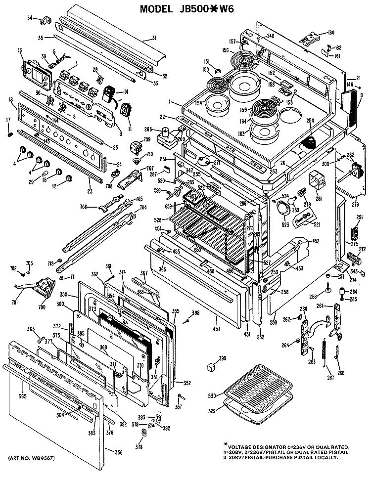 Section Diagram and Parts List for JB500*W6  General Electric Range
