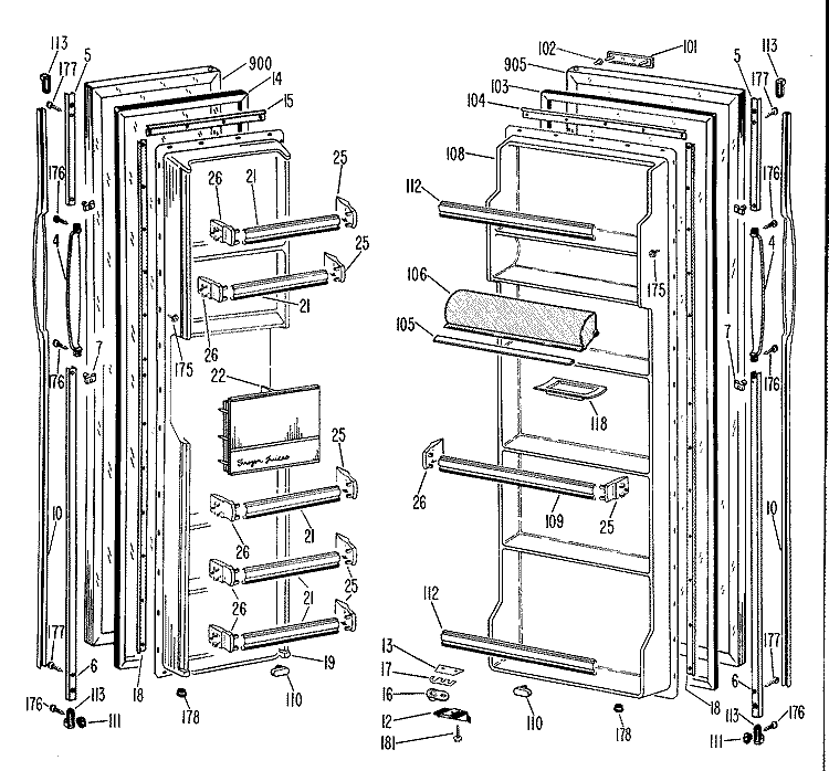 Section Diagram and Parts List for TFF22DBD  General Electric Refrigerator