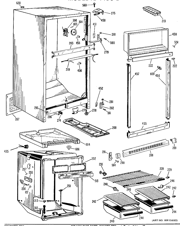 Section Diagram and Parts List for TB14SCBL  General Electric Refrigerator