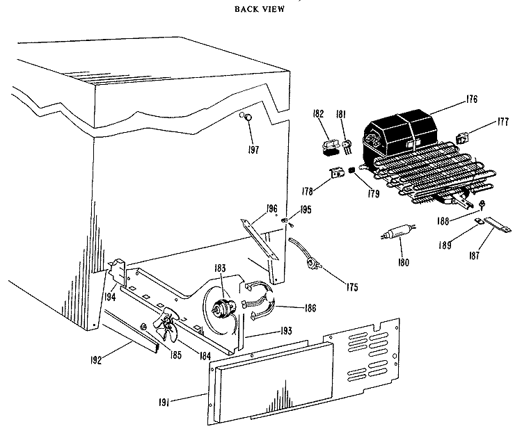 BACK VIEW Diagram and Parts List for TFF18DMB  General Electric Refrigerator