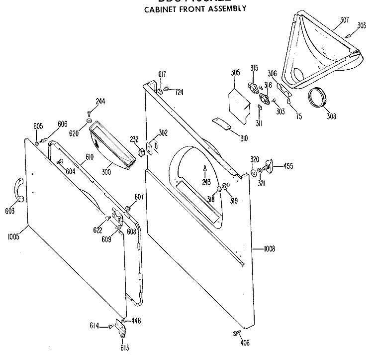 CABINET FRONT ASSEMBLY Diagram and Parts List for DDC4408AEL  General Electric Dryer