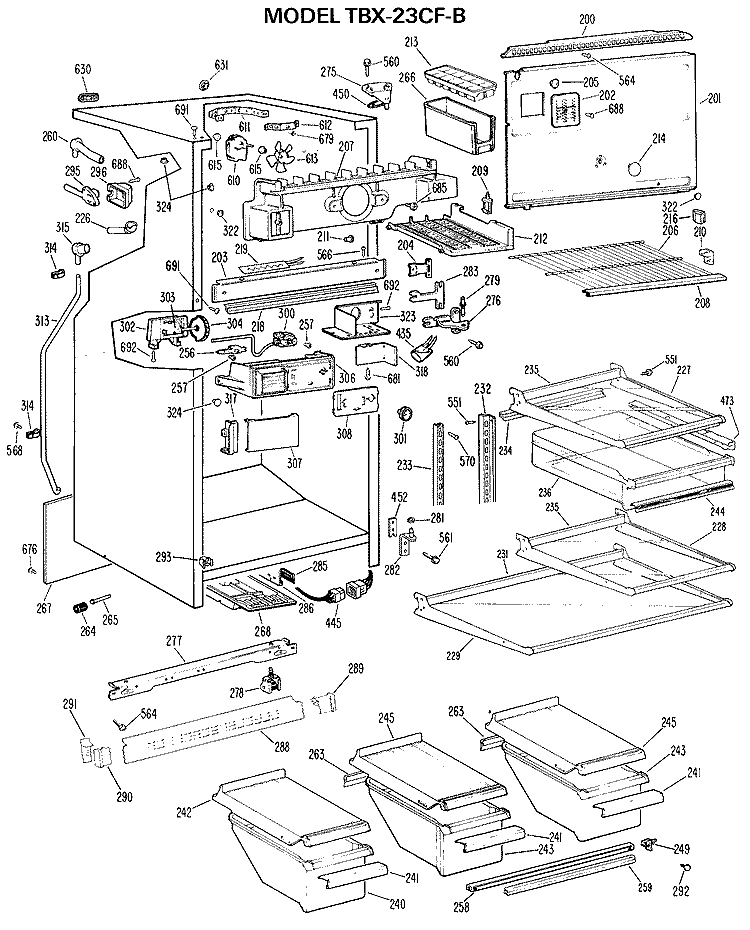 Section Diagram and Parts List for TBX23CFBR  General Electric Refrigerator