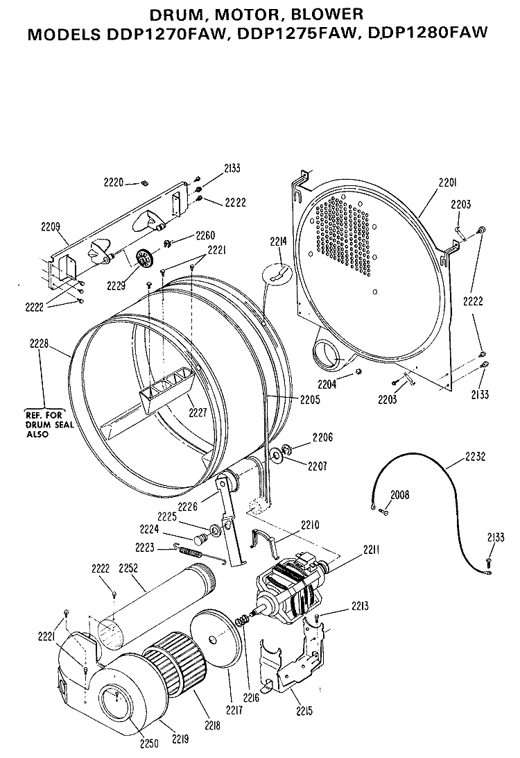 DRUM, MOTOR, BLOWER Diagram and Parts List for DDP1270FAW  General Electric Dryer