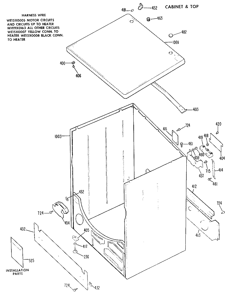 CABINET & TOP Diagram and Parts List for DDE6350BCL  General Electric Dryer