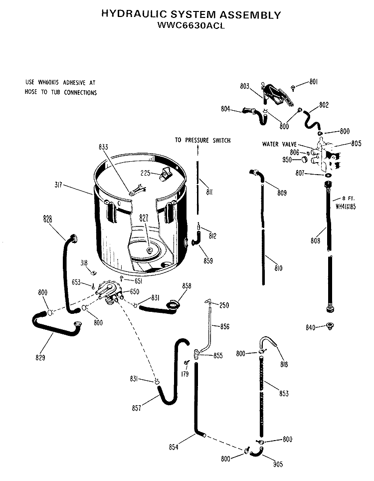 HYDRAULIC SYSTEM ASSEMBLY Diagram and Parts List for WWC6630ACL  General Electric Washer