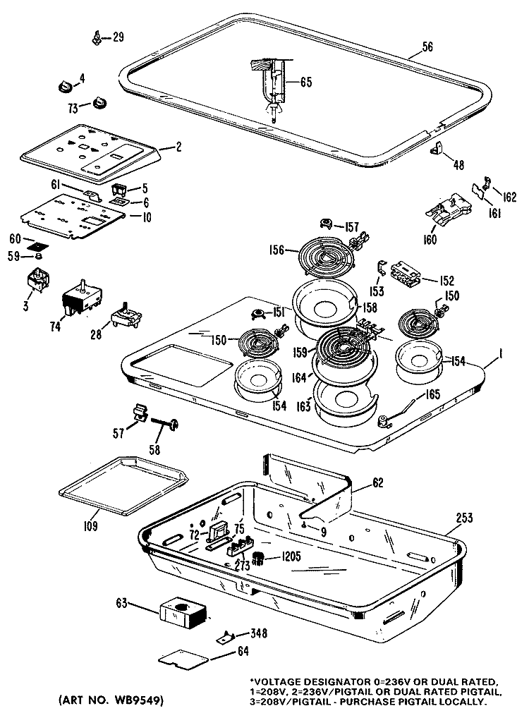 Section Diagram and Parts List for JP661*C1  General Electric Cooktop