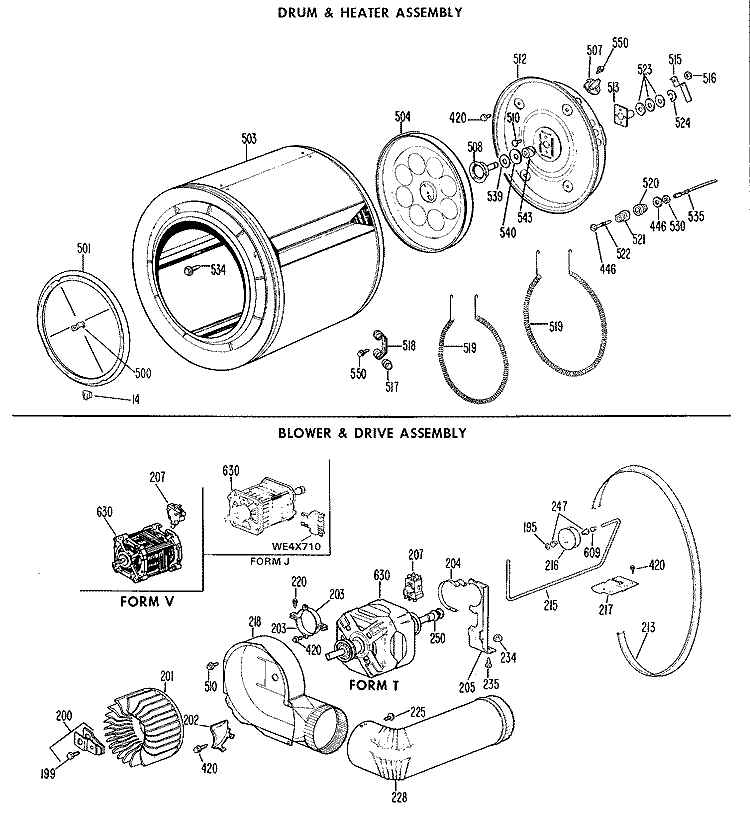DRUM & HEATER ASSEMBLY Diagram and Parts List for DDE7109VML  General Electric Dryer