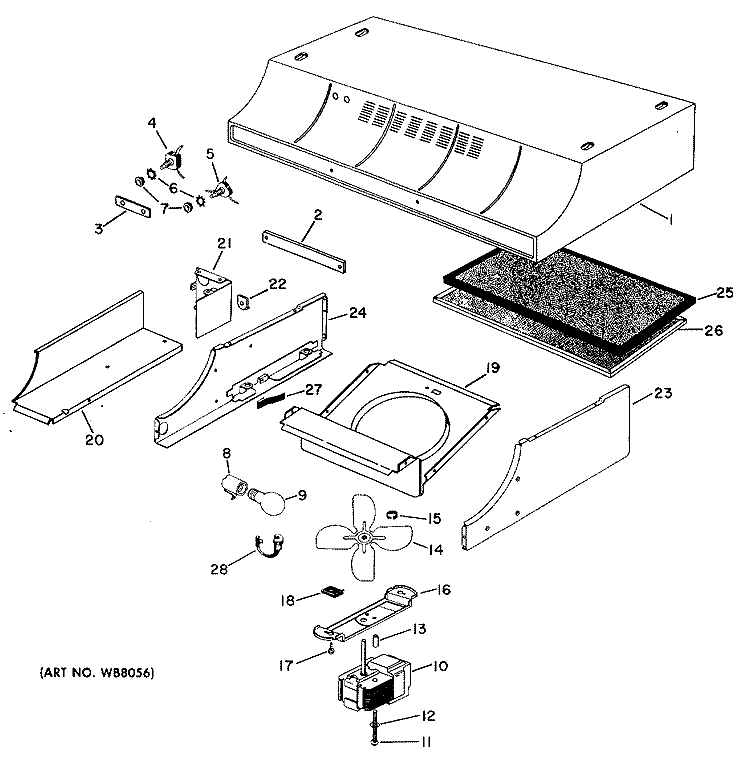 Section Diagram and Parts List for JN30*02  General Electric Range Hood