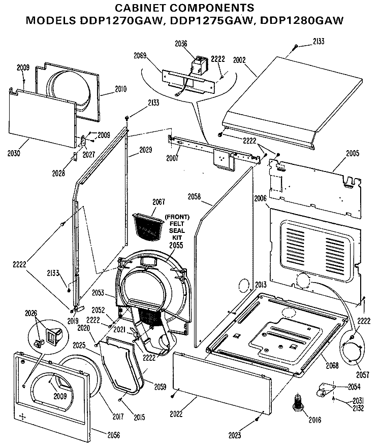 CABINET COMPONENTS Diagram and Parts List for DDP1280GAW  General Electric Dryer