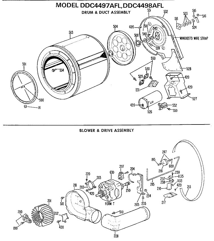 DRUM & DUCT ASSEMBLY Diagram and Parts List for DDC4498AFL  General Electric Dryer