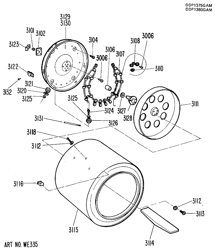 Section Diagram and Parts List for DDP1380GAM  General Electric Dryer