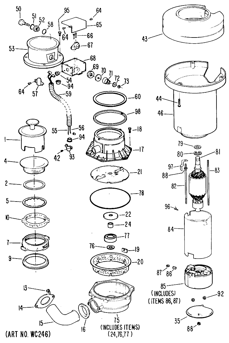 Section Diagram and Parts List for GFB1050-02  General Electric Food Waste Disposer