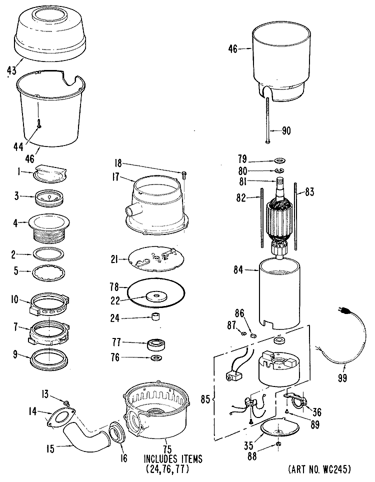 Section Diagram and Parts List for GFC232-02  General Electric Food Waste Disposer