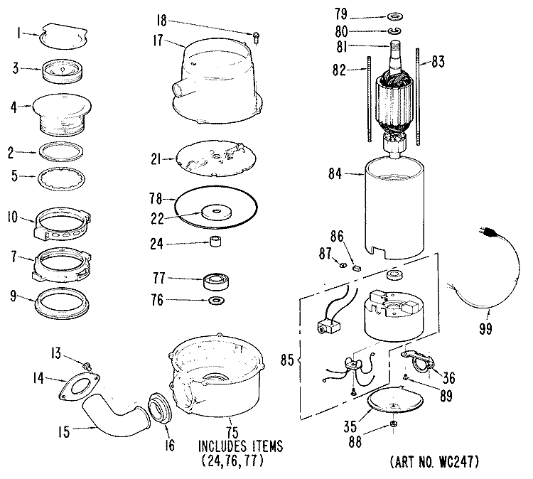 Section Diagram and Parts List for GFC197P-02  General Electric Food Waste Disposer
