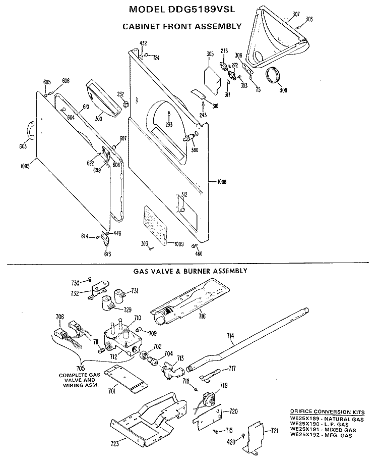 CABINET FRONT ASSEMBLY Diagram and Parts List for DDG5189VSL  General Electric Dryer