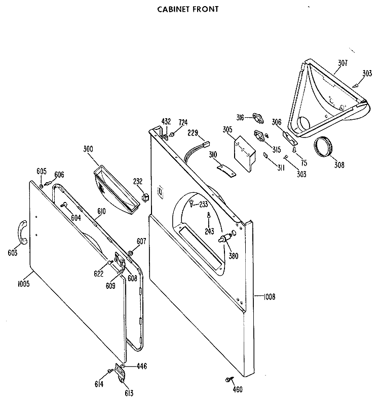 CABINET FRONT Diagram and Parts List for DDE7110VML  General Electric Dryer