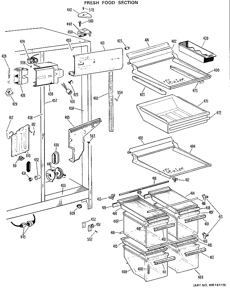 FRESH FOOD SECTION Diagram and Parts List for TFXE24RGD  General Electric Refrigerator