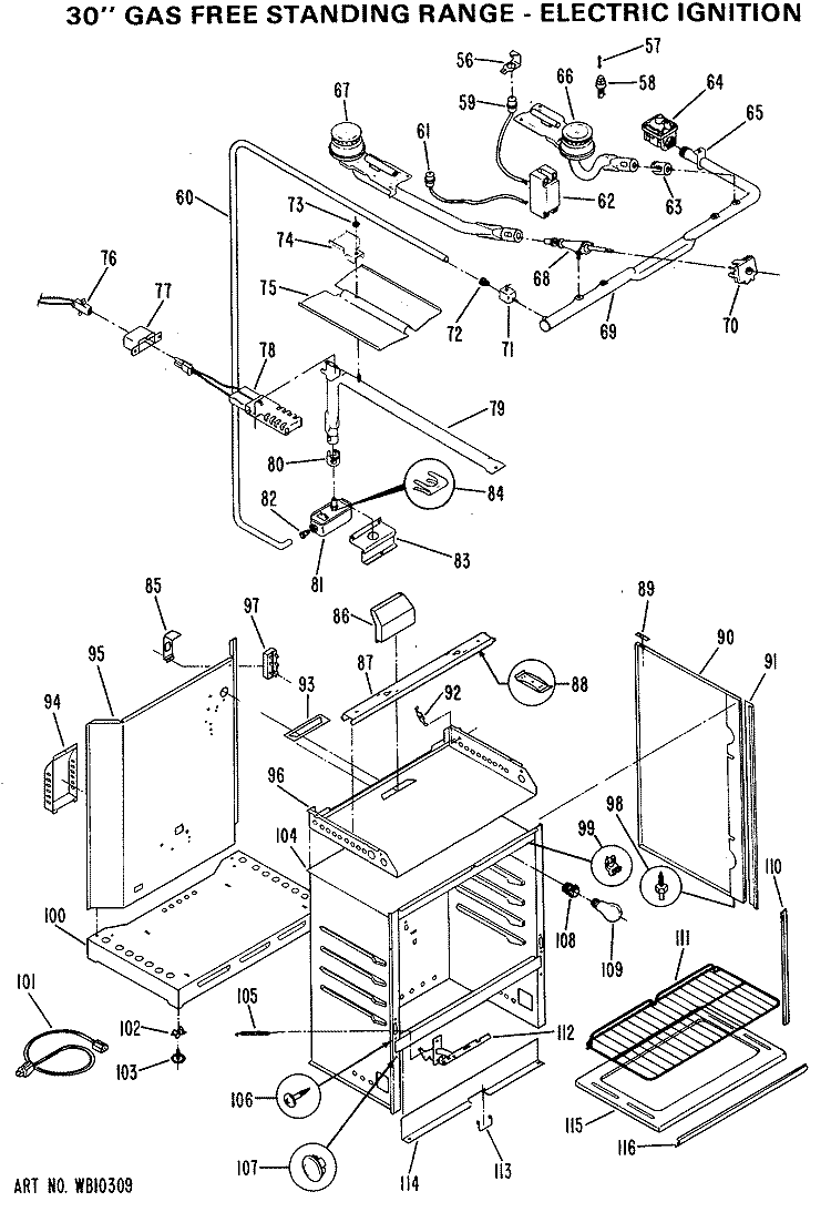 30" GAS FREE STANDING RANGE - ELECTRIC IGNITION Diagram and Parts List for JGBC17GEH3  General Electric Range