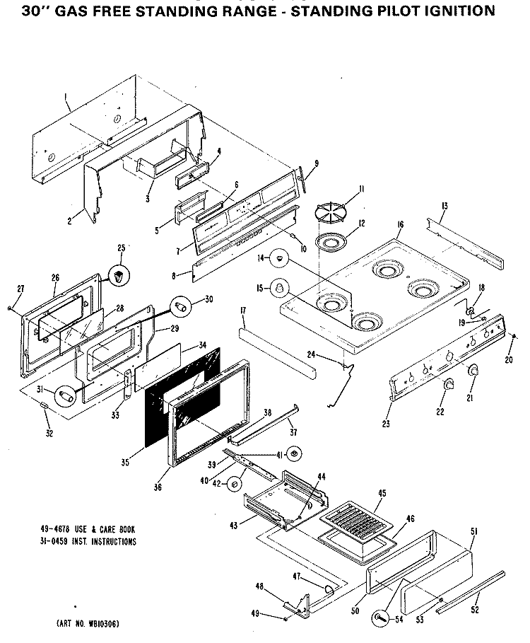 30" GAS FREE STANDING RANGE - STANDING PILOT IGNITION Diagram and Parts List for JGBS16GPH3  General Electric Range
