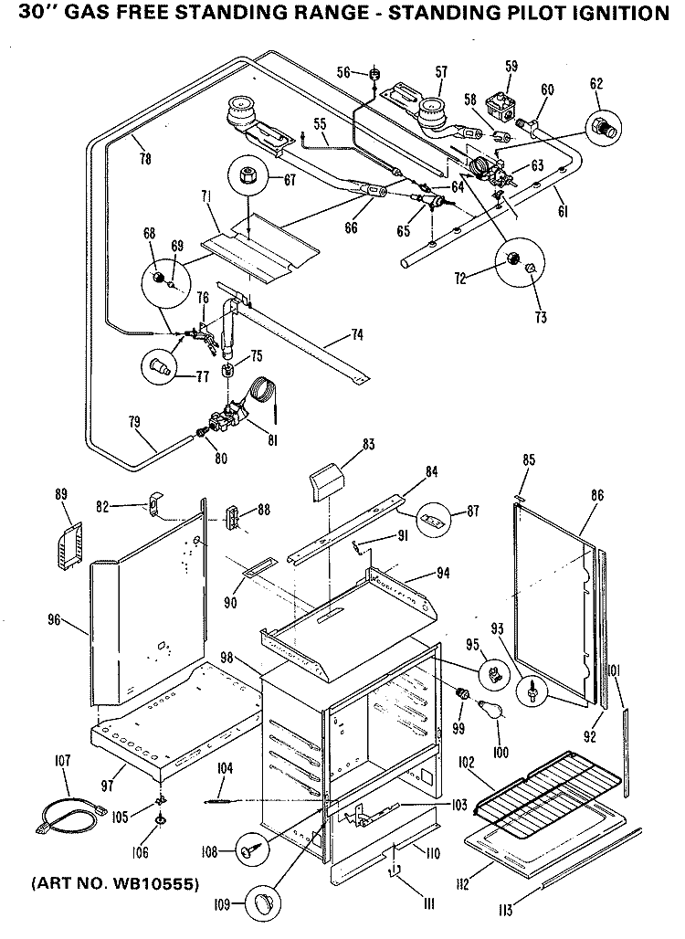30" GAS FREE STANDING RANGE - STANDING PILOT IGNITION Diagram and Parts List for JGBS16GPH3  General Electric Range