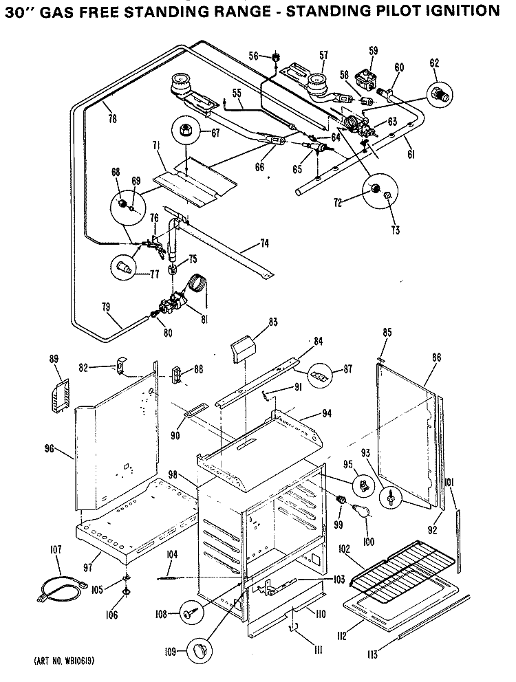 30" GAS FREE STANDING RANGE - STANDING PILOT IGNITION Diagram and Parts List for JGBC17GPH3  General Electric Range