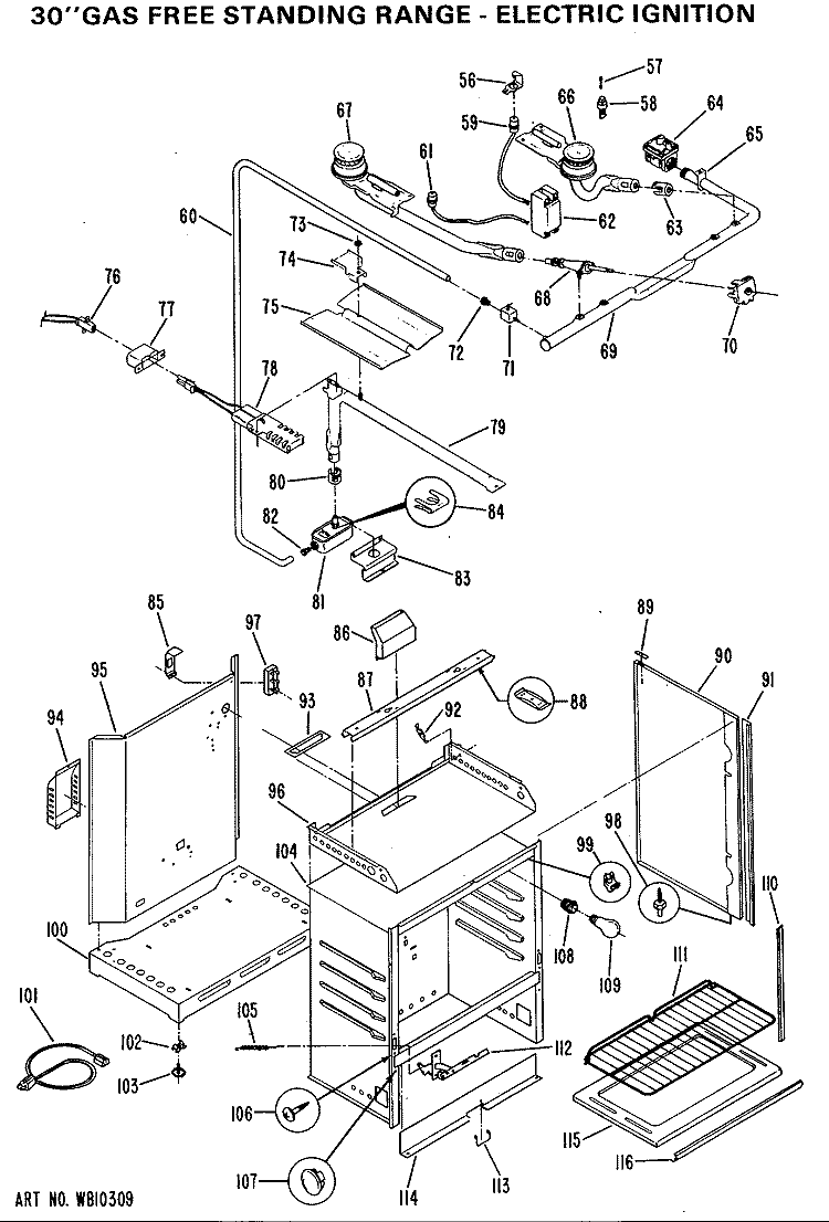 30" GAS FREE STANDING RANGE - ELECTRIC IGNITION Diagram and Parts List for JGBS16GEH3  General Electric Range