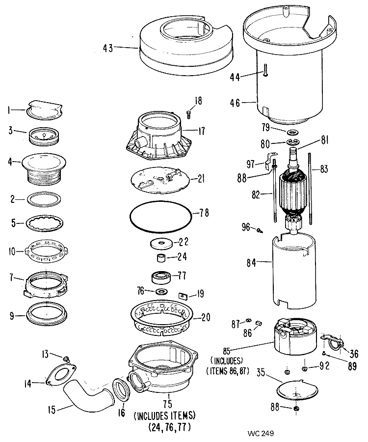 Section Diagram and Parts List for GFC1000G01  General Electric Food Waste Disposer