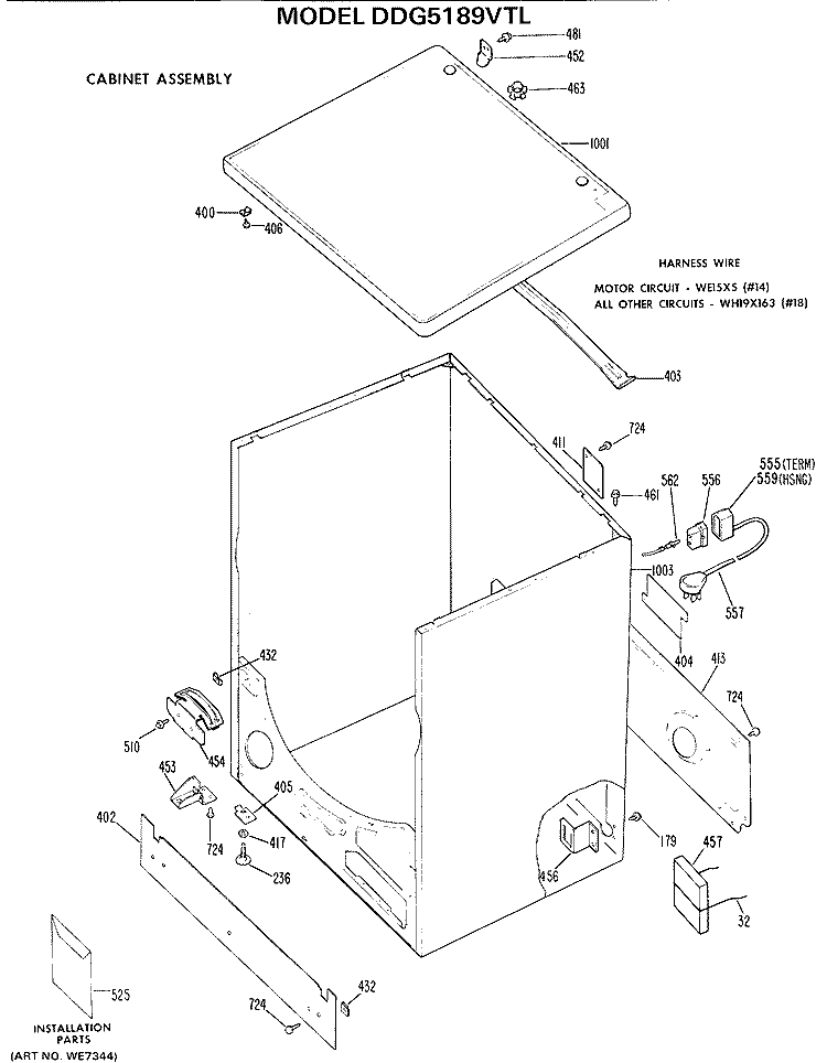 CABINET ASSEMBLY Diagram and Parts List for DDG5189VTL  General Electric Dryer