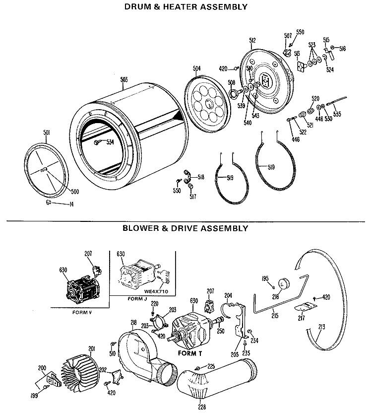 DRUM & HEATER ASSEMBLY Diagram and Parts List for DDE6500GAL  General Electric Dryer