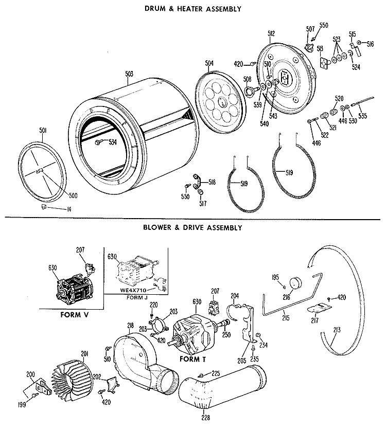 DRUM & HEATER ASSEMBLY Diagram and Parts List for DDE0580GBL  General Electric Dryer