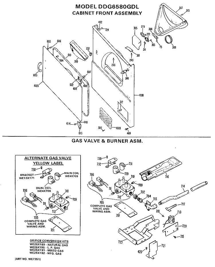 CABINET FRONT ASSEMBLY Diagram and Parts List for DDG6580GDL  General Electric Dryer