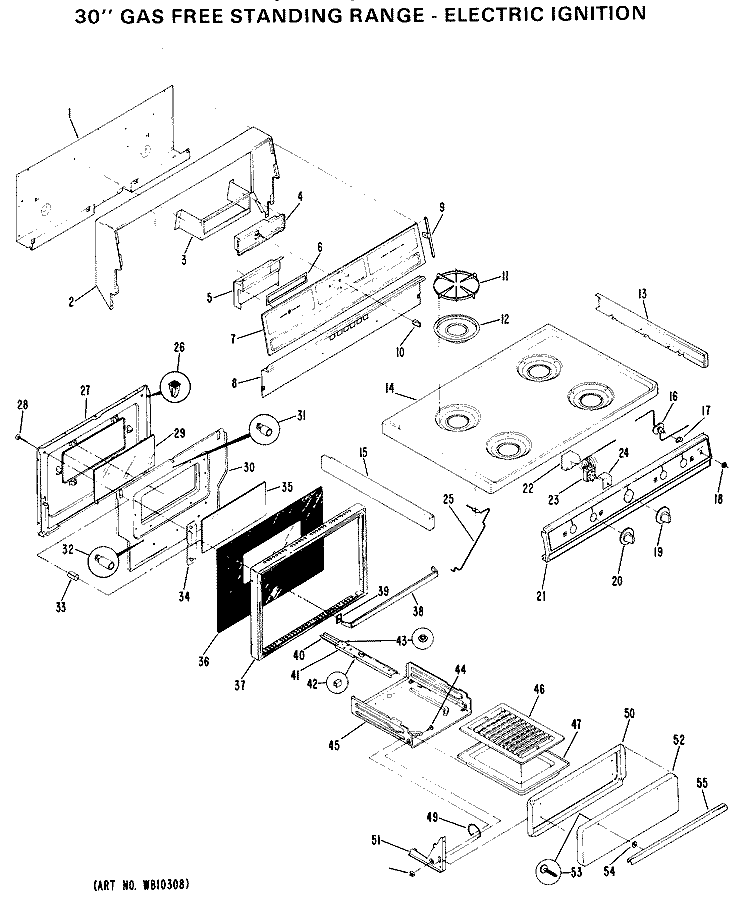 30" GAS FREE STANDING RANGE - ELECTRIC IGNITION Diagram and Parts List for JGBC16GEH4  General Electric Range