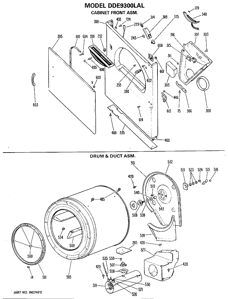 CABINET FRONT ASM. Diagram and Parts List for DDE9300LAL  General Electric Dryer