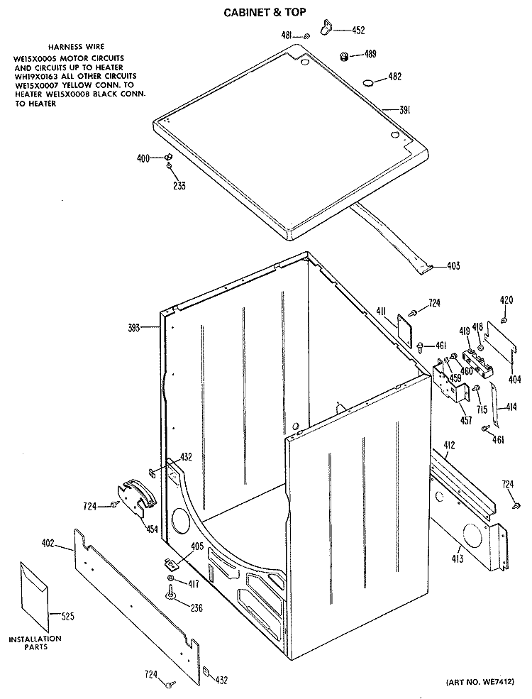 CABINET & TOP Diagram and Parts List for DDE7500GBL  General Electric Dryer
