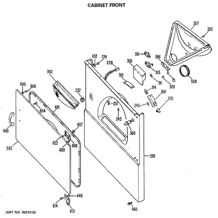 CABINET FRONT Diagram and Parts List for DDE7500GBL  General Electric Dryer