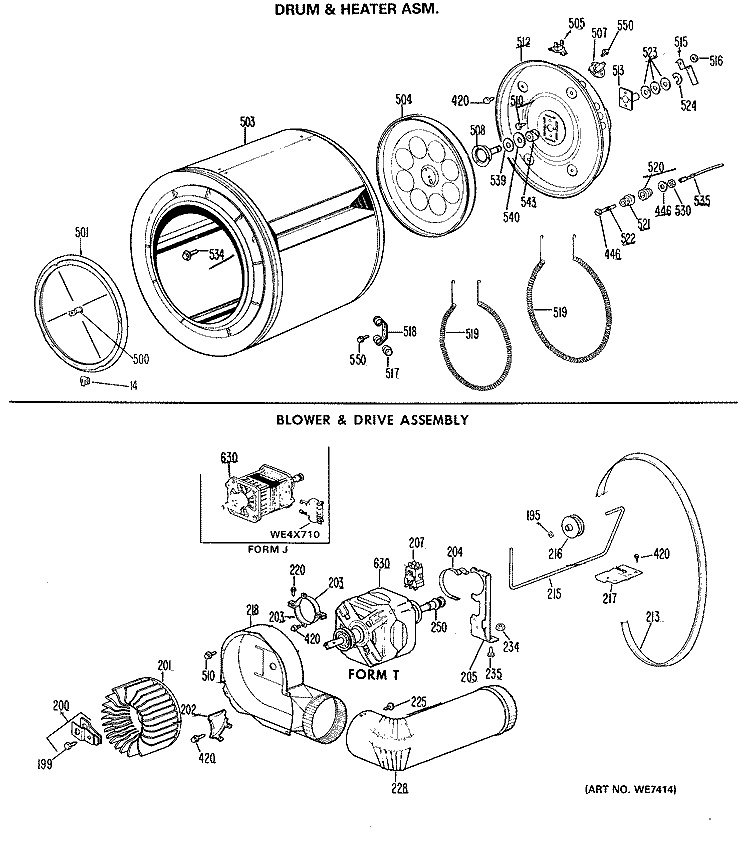 DRUM & HEATER ASM. Diagram and Parts List for DDE7500GBL  General Electric Dryer