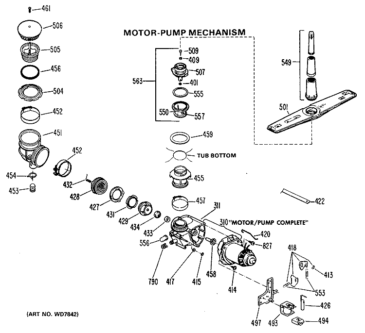 MOTRO - PUMP MECHANISM Diagram and Parts List for GSC402-07  General Electric Dishwasher