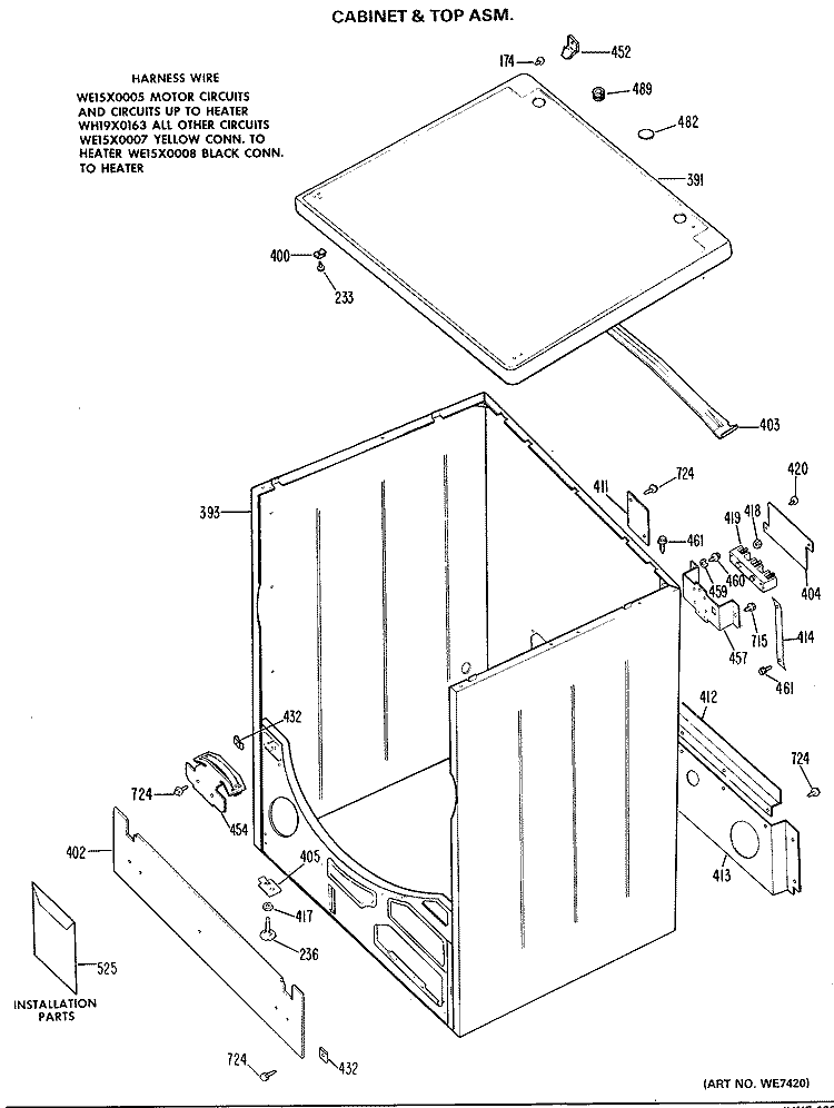 CABINET & TOP ASM. Diagram and Parts List for DDE7109VNL  General Electric Dryer