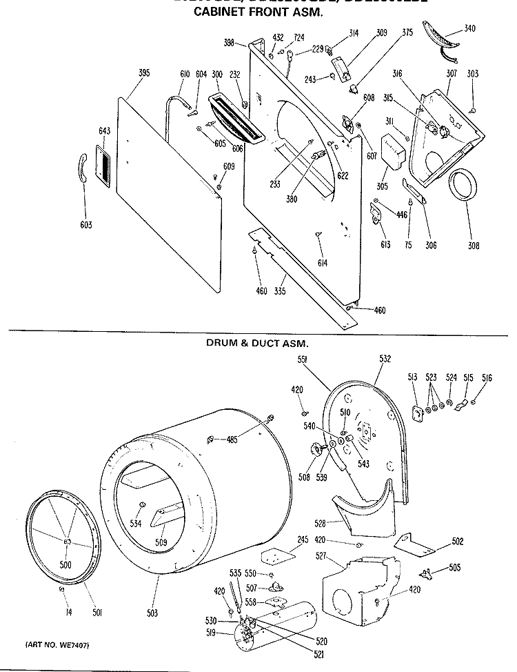 CABINET FRONT ASM. Diagram and Parts List for DDE9300LBL  General Electric Dryer