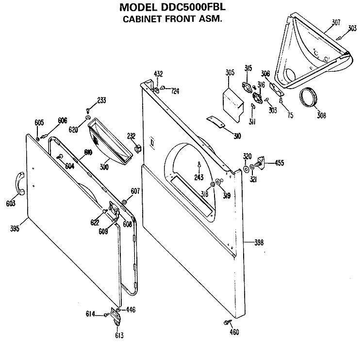 CABINET FRONT ASM. Diagram and Parts List for DDC5000FBL  General Electric Dryer