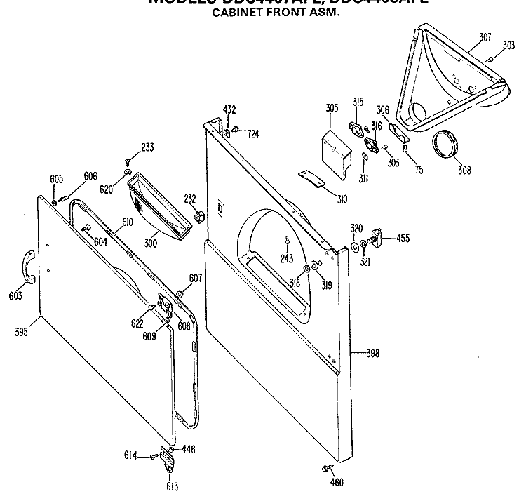 CABINET FRONT ASM. Diagram and Parts List for DDC4408AFL  General Electric Dryer