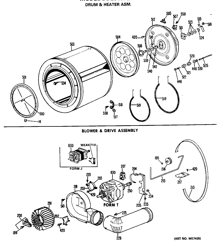 DRUM & HEATER ASM. Diagram and Parts List for DDE6407LAL  General Electric Dryer