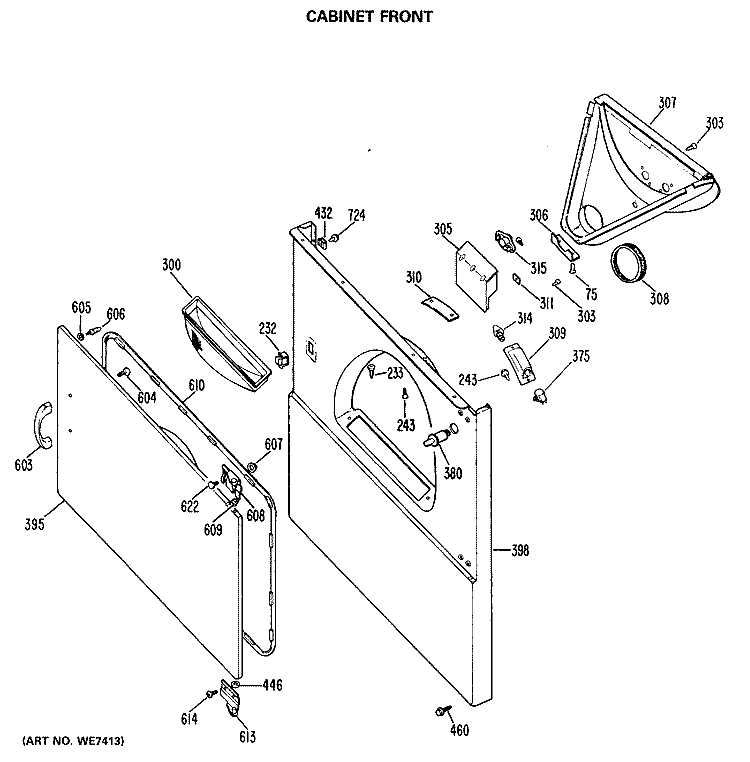 CABINET FRONT Diagram and Parts List for DDE5207MAL  General Electric Dryer