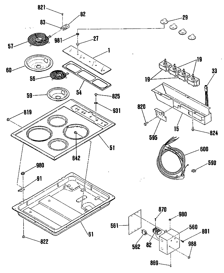 Section Diagram and Parts List for J63CK1  General Electric Cooktop
