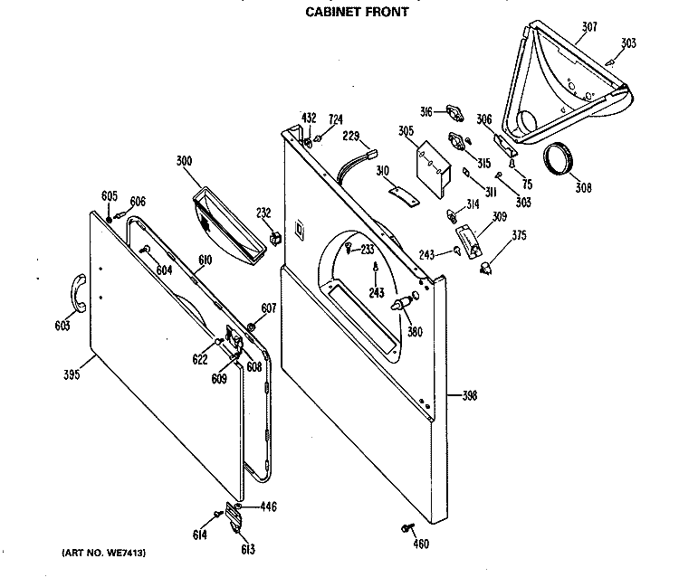 CABINET FRONT Diagram and Parts List for DDE7608MAL  General Electric Dryer
