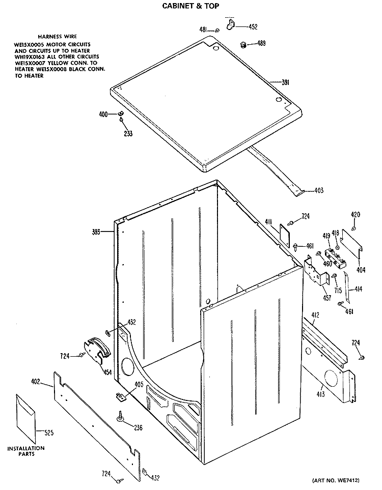 CABINET & TOP Diagram and Parts List for DDE7608MAL  General Electric Dryer