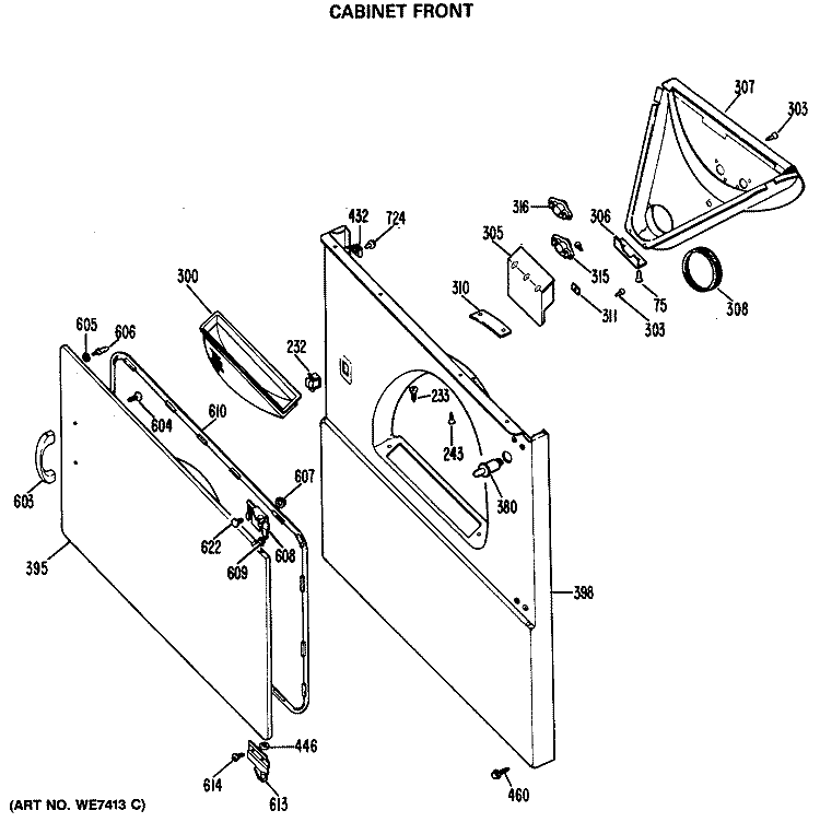 CABINET FRONT Diagram and Parts List for DDE7100MBL  General Electric Dryer