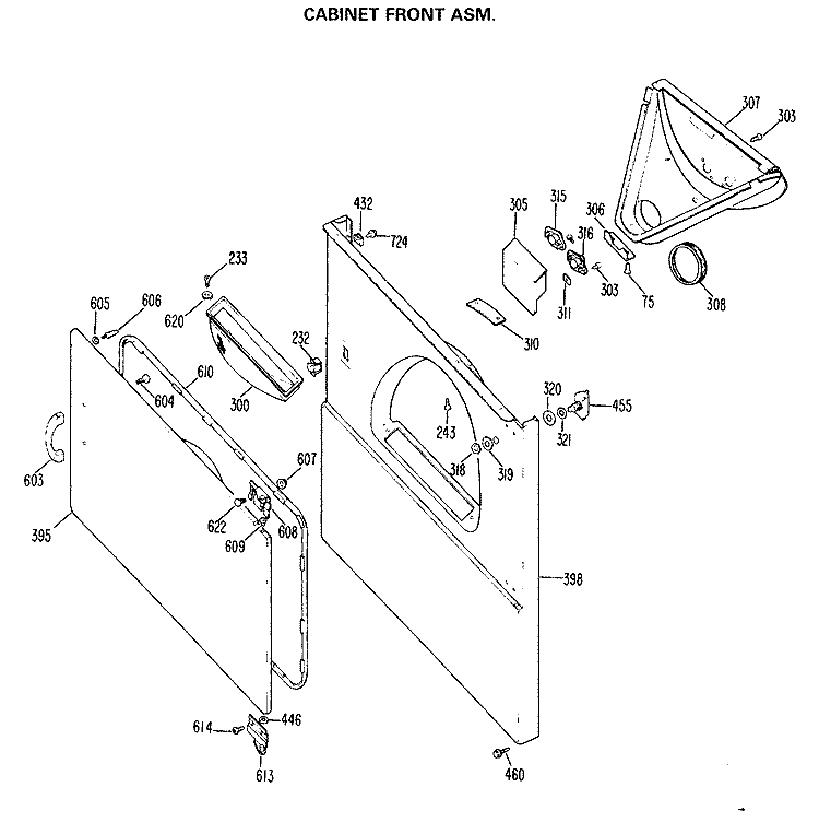 CABINET FRONT ASM. Diagram and Parts List for DDC5000MBL  General Electric Dryer