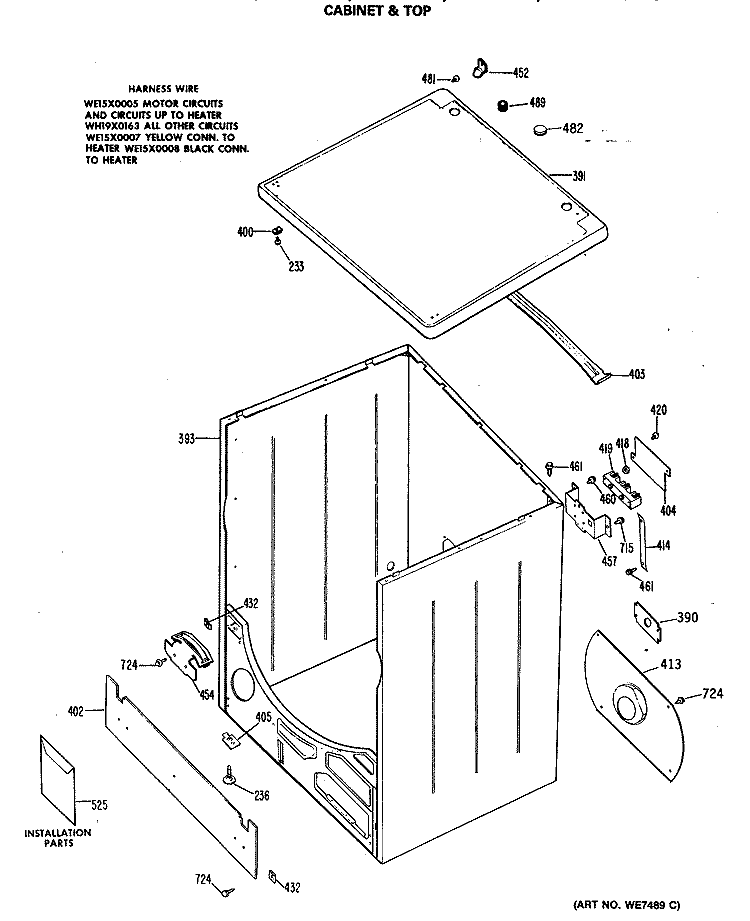 CABINET & TOP Diagram and Parts List for DDE7100MCL  General Electric Dryer